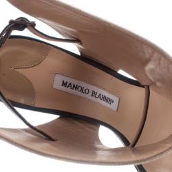 Manolo Blahnik Beige Canvas Suntaxa Ankle Wrap Sandals Size 38.5
