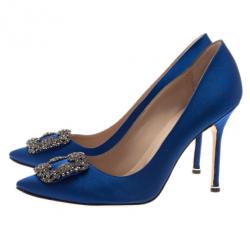 Pre Owned Manolo Blahnik Blue Satin Hangisi Embellished Pumps Size 39.5