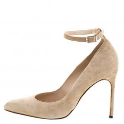 Pre Owned Manolo Blahnik Beige Suede Raret Ankle Strap Pointed Toe Pumps Size 38.5