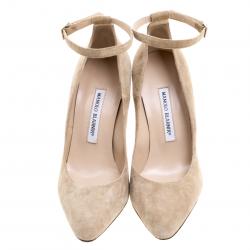 Pre Owned Manolo Blahnik Beige Suede Raret Ankle Strap Pointed Toe Pumps Size 38.5