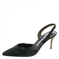 Manolo Blahnik Moss Green Suede Carolyne Pointed Toe Slingback Sandals Size 39