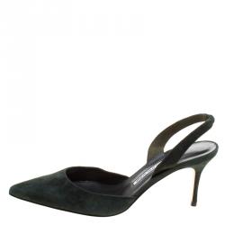 Manolo Blahnik Moss Green Suede Carolyne Pointed Toe Slingback Sandals Size 39