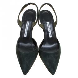Manolo Blahnik Moss Green Suede Carolyne Pointed Toe Slingback Sandals Size 39
