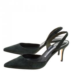 Manolo Blahnik Moss Green Suede Carolyne Pointed Toe Slingback Sandals Size 39