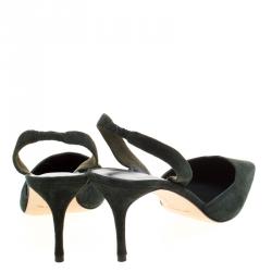 Manolo Blahnik Moss Green Suede Carolyne Pointed Toe Slingback Sandals Size 39