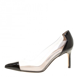 Pre Owned صندل مانولو بلانيك باشا جلد أسود لامع وPVCمقدمة مدببة مقاس 37.5