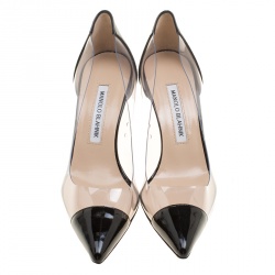 Pre Owned صندل مانولو بلانيك باشا جلد أسود لامع وPVCمقدمة مدببة مقاس 37.5