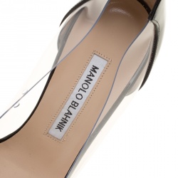 Pre Owned صندل مانولو بلانيك باشا جلد أسود لامع وPVCمقدمة مدببة مقاس 37.5