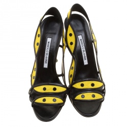 Manolo Blahnik Two Tone Cutout Canvas and Leather Slingback Sandals Size 39.5