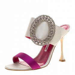 Manolo Blahnik Two Tone Satin Fibiona Crystal Embellished Mules Size 38