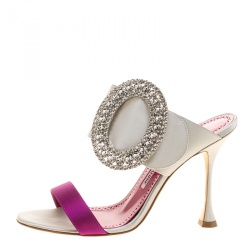 Manolo Blahnik Two Tone Satin Fibiona Crystal Embellished Mules Size 38