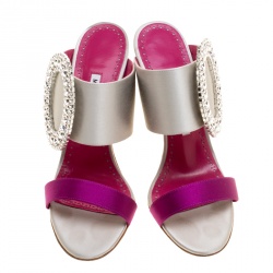Manolo Blahnik Two Tone Satin Fibiona Crystal Embellished Mules Size 38