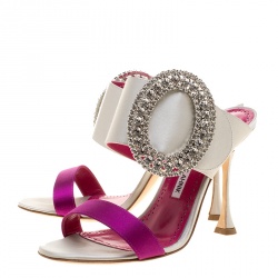 Manolo Blahnik Two Tone Satin Fibiona Crystal Embellished Mules Size 38