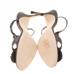 Manolo Blahnik Dark Grey Satin Eridaniasan Crystal Embellished Sandals Size 38
