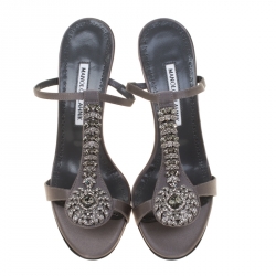 Manolo Blahnik Dark Grey Satin Eridaniasan Crystal Embellished Sandals Size 38
