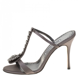 Manolo Blahnik Dark Grey Satin Eridaniasan Crystal Embellished Sandals Size 38