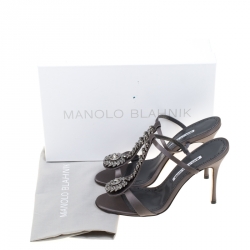 Manolo Blahnik Dark Grey Satin Eridaniasan Crystal Embellished Sandals Size 38
