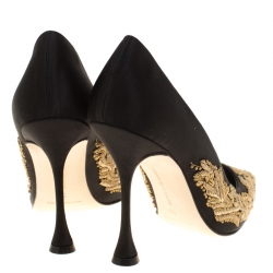 Pre Owned Manolo Blahnik Black Satin Elestoria Embroidered Pointed Toe Pumps Size 38