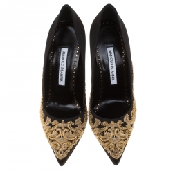 Pre Owned Manolo Blahnik Black Satin Elestoria Embroidered Pointed Toe Pumps Size 38