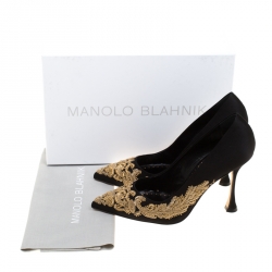 Pre Owned Manolo Blahnik Black Satin Elestoria Embroidered Pointed Toe Pumps Size 38