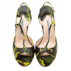 Manolo Blahnik Green Camouflage Print Leather Picor Slingback Sandals Size 39.5