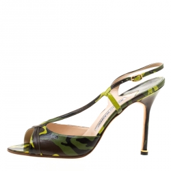 Manolo Blahnik Green Camouflage Print Leather Picor Slingback Sandals Size 39.5