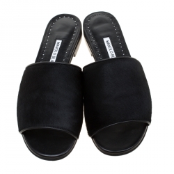 Manolo Blahnik Black Pony Hair Flat Slides Size 38.5