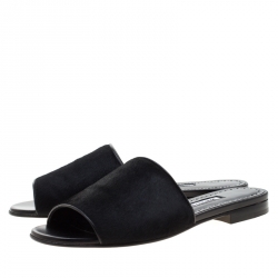 Manolo Blahnik Black Pony Hair Flat Slides Size 38.5