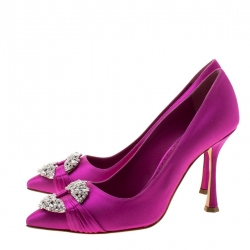 Pre Owned Manolo Blahnik Pink Satin Maidu Crystal Embellished Pointed Toe Pumps Size 37.5