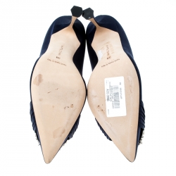 Pre Owned Manolo Blahnik Navy Blue Satin Maidu Pointed Toe Pumps Size 38