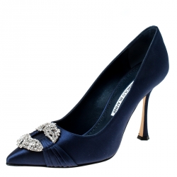Pre Owned Manolo Blahnik Navy Blue Satin Maidu Pointed Toe Pumps Size 38