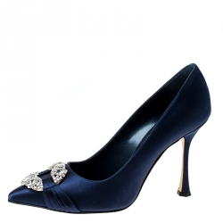 Pre Owned Manolo Blahnik Navy Blue Satin Maidu Pointed Toe Pumps Size 38