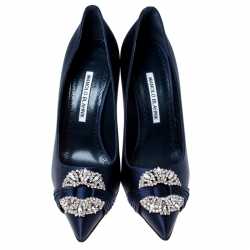 Pre Owned Manolo Blahnik Navy Blue Satin Maidu Pointed Toe Pumps Size 38