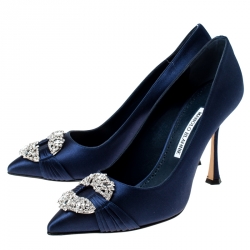 Pre Owned Manolo Blahnik Navy Blue Satin Maidu Pointed Toe Pumps Size 38