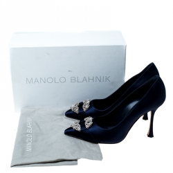 Pre Owned Manolo Blahnik Navy Blue Satin Maidu Pointed Toe Pumps Size 38