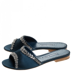 Pre Owned Manolo Blahnik Teal Satin Crystal Embellished Triunslo Flat Slides Size 39