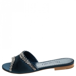 Pre Owned Manolo Blahnik Teal Satin Crystal Embellished Triunslo Flat Slides Size 39