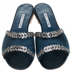 Pre Owned Manolo Blahnik Teal Satin Crystal Embellished Triunslo Flat Slides Size 39