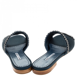 Pre Owned Manolo Blahnik Teal Satin Crystal Embellished Triunslo Flat Slides Size 39