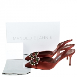 مملوكة مسبقًا حذاء كعب عالي مانولو بلانيك فتحة كعب ليونا زخرفة كريستال ساتان بني مقاس 39