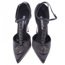 Pre Owned Manolo Blahnik Grey Satin Eridania Crystal Embellished Ankle Strap Pointed Toe Pumps Size 39 
