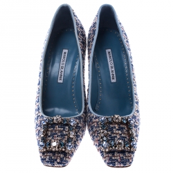 مملوكة مسبقًا Manolo Blahnik Blue Tweed Vazza Crystal Embellished Pumps Size 40