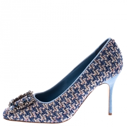 مملوكة مسبقًا Manolo Blahnik Blue Tweed Vazza Crystal Embellished Pumps Size 40