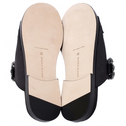 Pre Owned Manolo Blahnik Black Satin Sturlushangi Embellished Flat Sandals Size 38