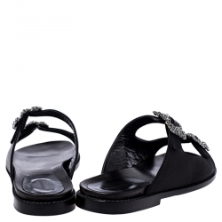 Pre Owned Manolo Blahnik Black Satin Sturlushangi Embellished Flat Sandals Size 38