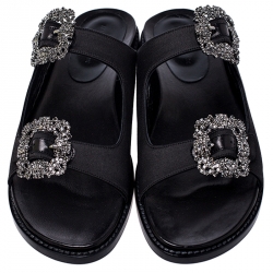 Pre Owned Manolo Blahnik Black Satin Sturlushangi Embellished Flat Sandals Size 38