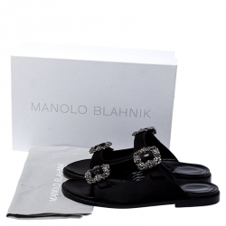 Pre Owned Manolo Blahnik Black Satin Sturlushangi Embellished Flat Sandals Size 38