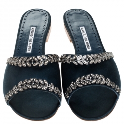 Manolo Blahnik Green Satin Triunslo Embellished Open Flat Slides Size 37.5