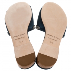 Manolo Blahnik Green Satin Triunslo Embellished Open Flat Slides Size 37.5
