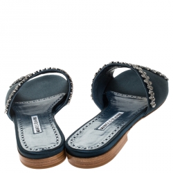 Manolo Blahnik Green Satin Triunslo Embellished Open Flat Slides Size 37.5